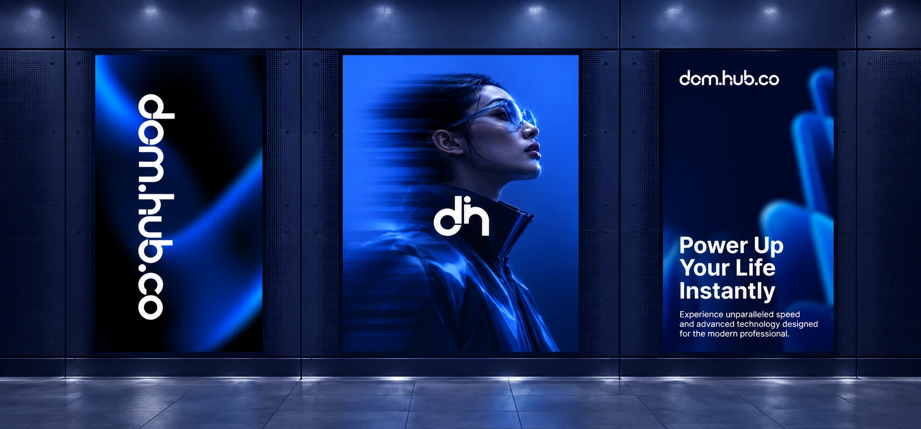 Mockup de identidade visual DOM HUB — Power Up Your Life Instantly
